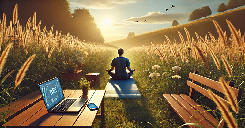 illustration symbolisant une détox numérique : une personne médite paisiblement dans une prairie tranquille, entourée de fleurs sauvages et de verdure, avec les écrans laissés de côté. Cette image incarne la liberté face aux distractions numériques pour une vie plus zen
