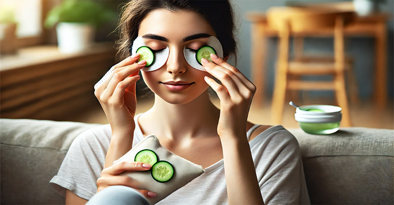une personne prenant soin de ses yeux dans un cadre apaisant, en appliquant des compresses froides ou des rondelles de concombre, symbolisant la détente et le bien-être.