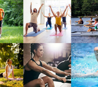 Sport : montage avec différentes activités sportives cours, musculation, yoga, natation… pour montrer la diversité des sports.
