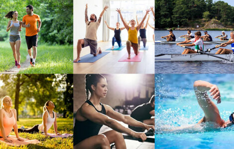 Sport : montage avec différentes activités sportives cours, musculation, yoga, natation… pour montrer la diversité des sports.