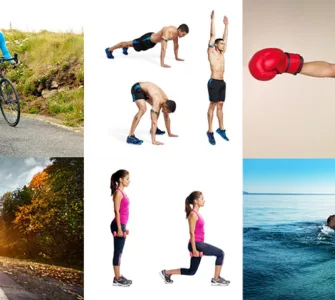 Mincir avec du sport : image, photo montage avec plusieurs sports : coures à pieds, natation, boxe, HIIT.