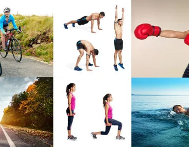 Mincir avec du sport : image, photo montage avec plusieurs sports : coures à pieds, natation, boxe, HIIT.
