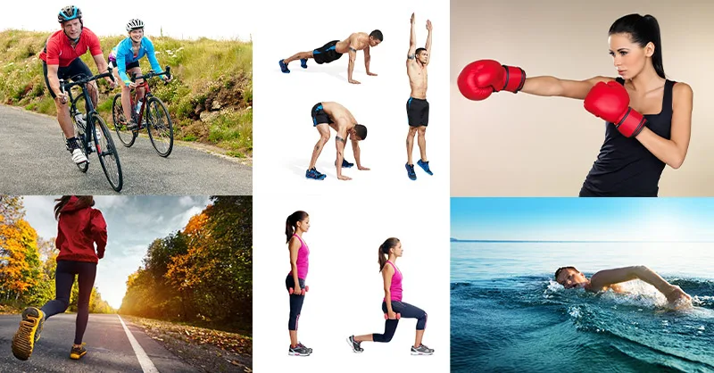 Mincir avec du sport : image, photo montage avec plusieurs sports : coures à pieds, natation, boxe, HIIT.