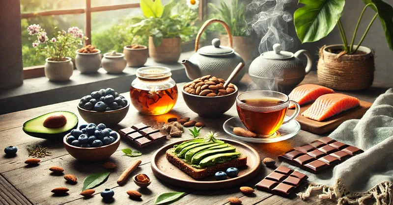 Alimentation détente : image, photo représentant les aliments les plus efficaces pour calmer l'esprit, avocats, saumon, tisanes, chocolat…