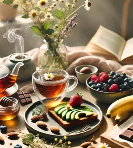 Alimentation détente : Image, photo affichant une sélection d'aliments relaxants dans un cadre chaleureux, avocat, chocolat, tasse de tisane…