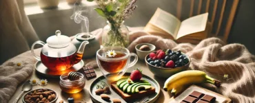 Alimentation détente : Image, photo affichant une sélection d'aliments relaxants dans un cadre chaleureux, avocat, chocolat, tasse de tisane…