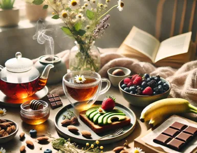 Alimentation détente : Image, photo affichant une sélection d'aliments relaxants dans un cadre chaleureux, avocat, chocolat, tasse de tisane…