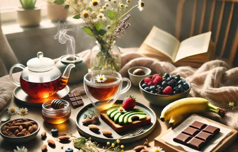Alimentation détente : Image, photo affichant une sélection d'aliments relaxants dans un cadre chaleureux, avocat, chocolat, tasse de tisane…