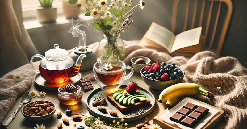 Alimentation détente : Image, photo affichant une sélection d'aliments relaxants dans un cadre chaleureux, avocat, chocolat, tasse de tisane…