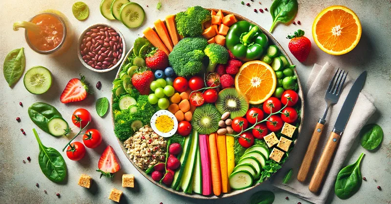 Image, photo représentant une assiette colorée et équilibrée, vue de haut, avec des légumes, fruits, céréales complètes et une source de protéines.