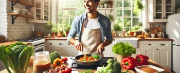 Alimentation saine : image, photo représentant une personne souriante en train de cuisiner sainement dans une cuisine lumineuse entourée d’aliments frais.