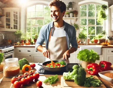 Alimentation saine : image, photo représentant une personne souriante en train de cuisiner sainement dans une cuisine lumineuse entourée d’aliments frais.