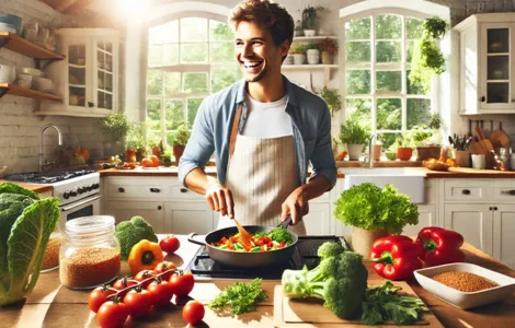 Alimentation saine : image, photo représentant une personne souriante en train de cuisiner sainement dans une cuisine lumineuse entourée d’aliments frais.