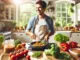 Alimentation saine : image, photo représentant une personne souriante en train de cuisiner sainement dans une cuisine lumineuse entourée d’aliments frais.