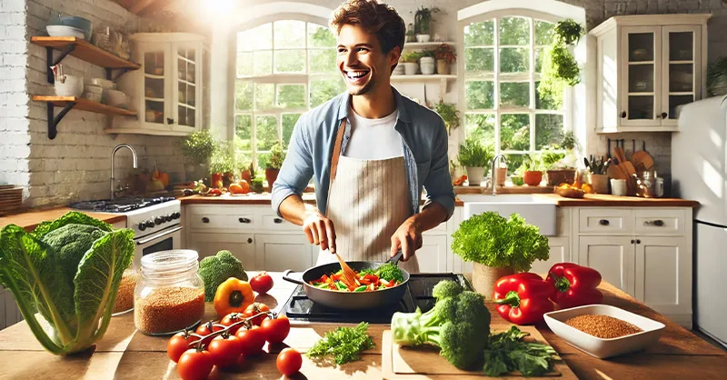 Alimentation saine : image, photo représentant une personne souriante en train de cuisiner sainement dans une cuisine lumineuse entourée d’aliments frais.