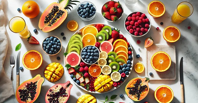 Image, photo de différents fruits dans un plateau sur une table.