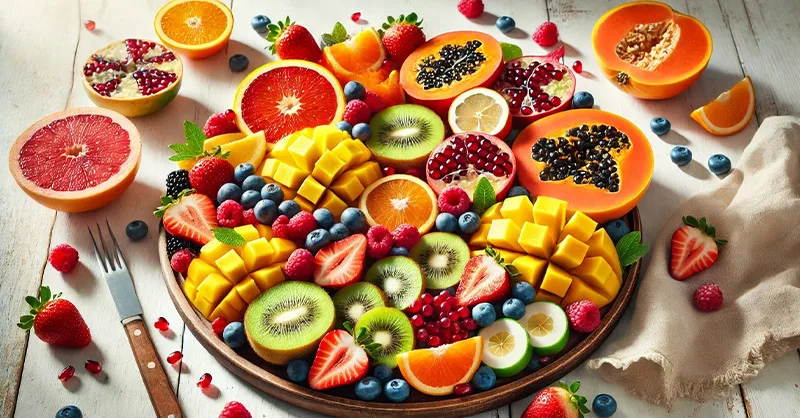 Image, photo de différents fruits dans un plateau sur une table.