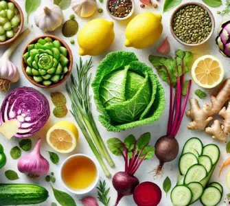 Les aliments détox par excellence : image, photos de différents sortes d' aliments, pomme, betterave, ails, citron, gingembre, concombre…