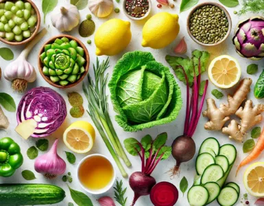 Les aliments détox par excellence : image, photos de différents sortes d' aliments, pomme, betterave, ails, citron, gingembre, concombre…