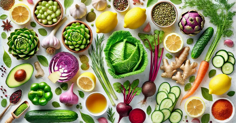 Les aliments détox par excellence : image, photos de différents sortes d' aliments, pomme, betterave, ails, citron, gingembre, concombre…