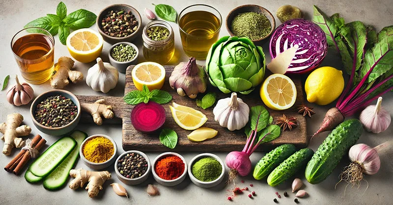 Image, photo de différent aliments : chou, artichaut, citron, betterave, concombre, ail, curcuma, gingembre…